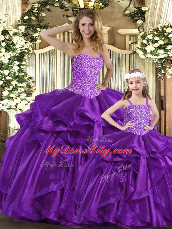 Hot Selling Purple Sweetheart Lace Up Beading and Ruffles Quinceanera Dress Sleeveless