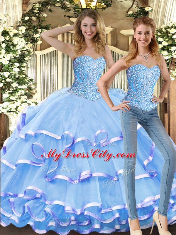 Baby Blue Sleeveless Floor Length Beading and Ruffled Layers Lace Up 15th Birthday Dress