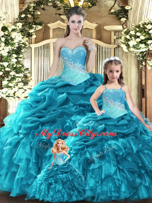 Floor Length Lace Up Quinceanera Dress Teal for Military Ball and Sweet 16 and Quinceanera with Beading and Ruffles and Ruching and Pick Ups