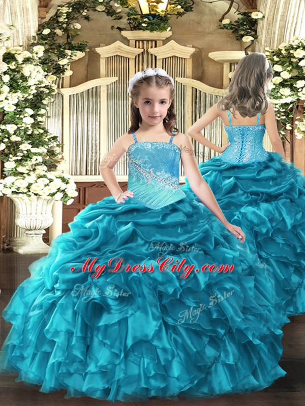 Floor Length Lace Up Quinceanera Dress Teal for Military Ball and Sweet 16 and Quinceanera with Beading and Ruffles and Ruching and Pick Ups