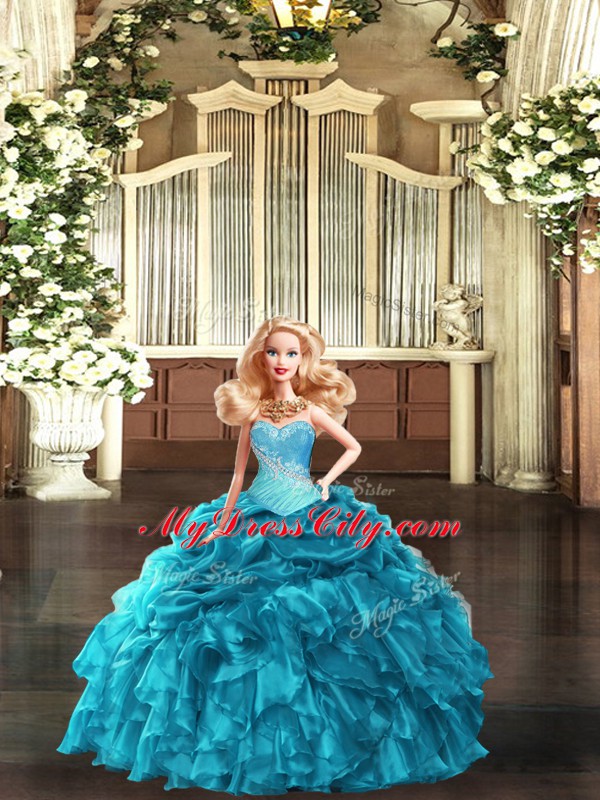 Floor Length Lace Up Quinceanera Dress Teal for Military Ball and Sweet 16 and Quinceanera with Beading and Ruffles and Ruching and Pick Ups