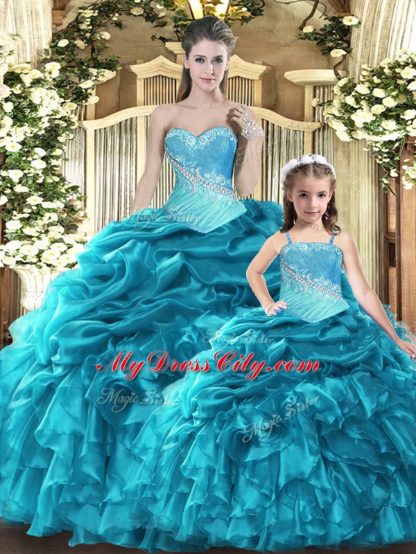 Floor Length Lace Up Quinceanera Dress Teal for Military Ball and Sweet 16 and Quinceanera with Beading and Ruffles and Ruching and Pick Ups