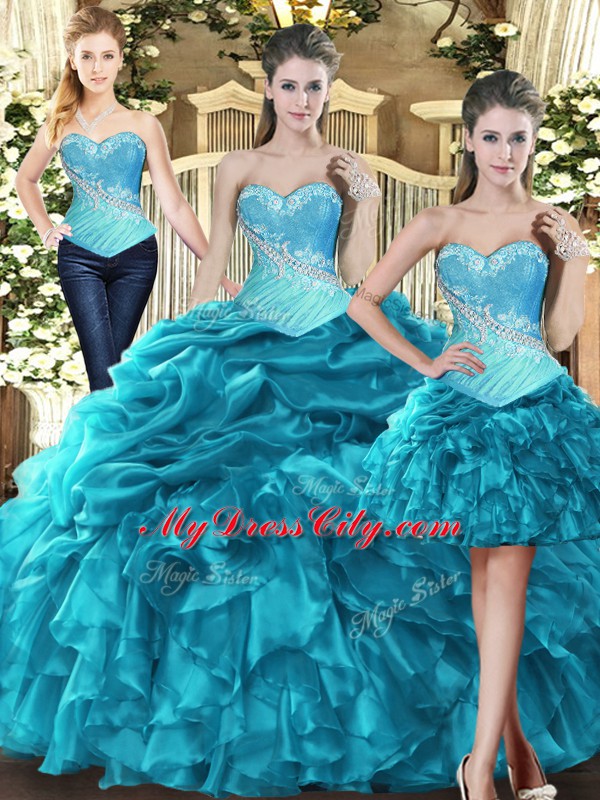 Teal Tulle Lace Up Sweet 16 Dresses Sleeveless Floor Length Beading and Ruffles