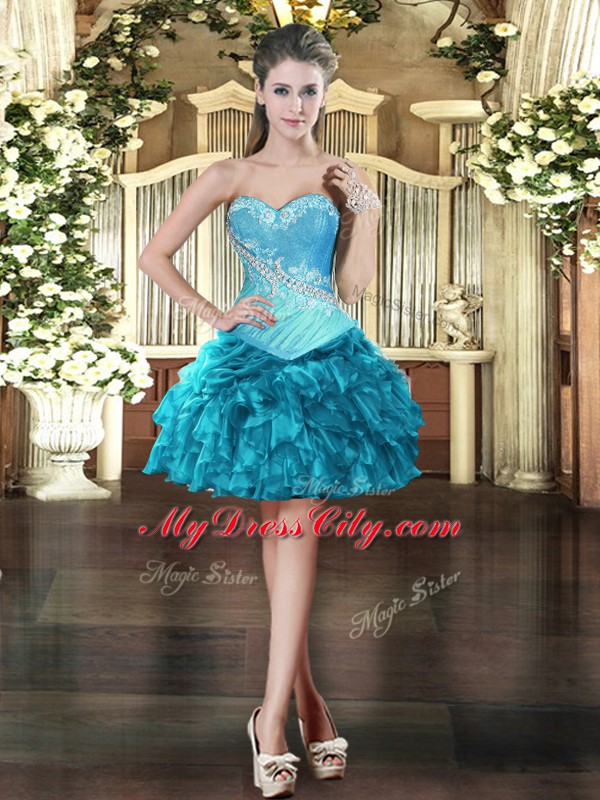 Teal Tulle Lace Up Sweet 16 Dresses Sleeveless Floor Length Beading and Ruffles