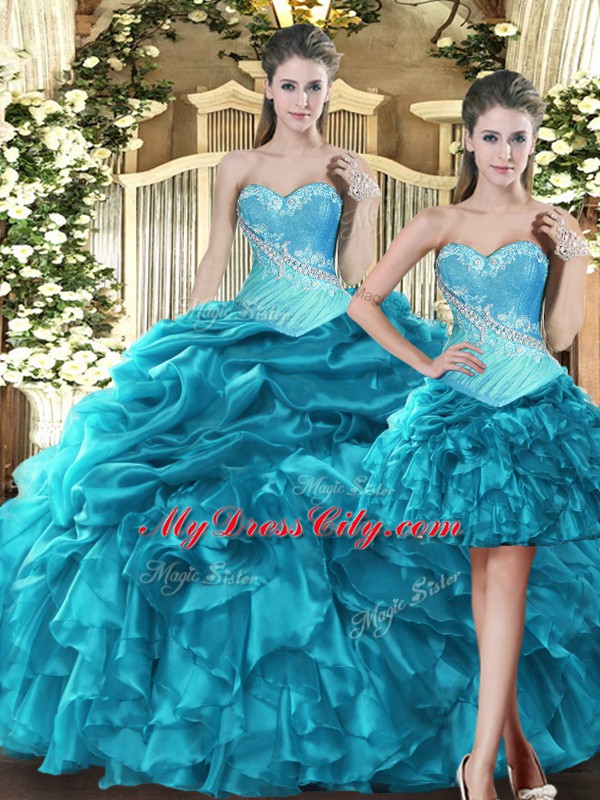 Teal Tulle Lace Up Sweet 16 Dresses Sleeveless Floor Length Beading and Ruffles