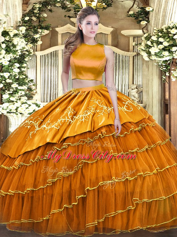 Orange Sleeveless Floor Length Ruffled Layers Criss Cross Ball Gown Prom Dress