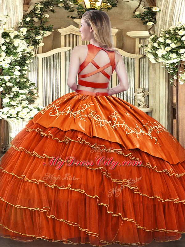 Orange Sleeveless Floor Length Ruffled Layers Criss Cross Ball Gown Prom Dress