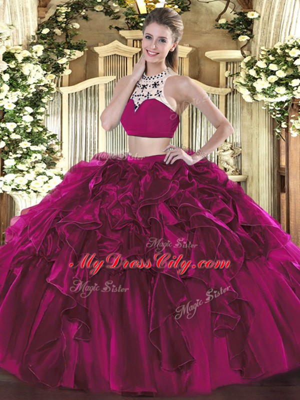 Extravagant Fuchsia Two Pieces High-neck Sleeveless Tulle Floor Length Backless Beading and Ruffles Sweet 16 Dress