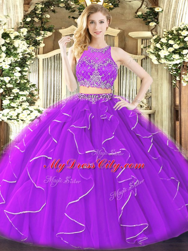 Modern Purple Organza Zipper Scoop Sleeveless Floor Length Sweet 16 Quinceanera Dress Ruffles