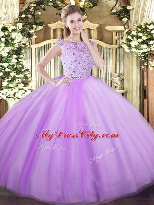 Lavender Ball Gowns Bateau Sleeveless Tulle Floor Length Zipper Beading Quinceanera Gowns