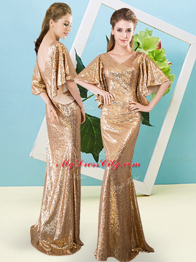 Gold Mermaid Sequined V-neck Half Sleeves Sequins Floor Length Zipper Dress for Prom