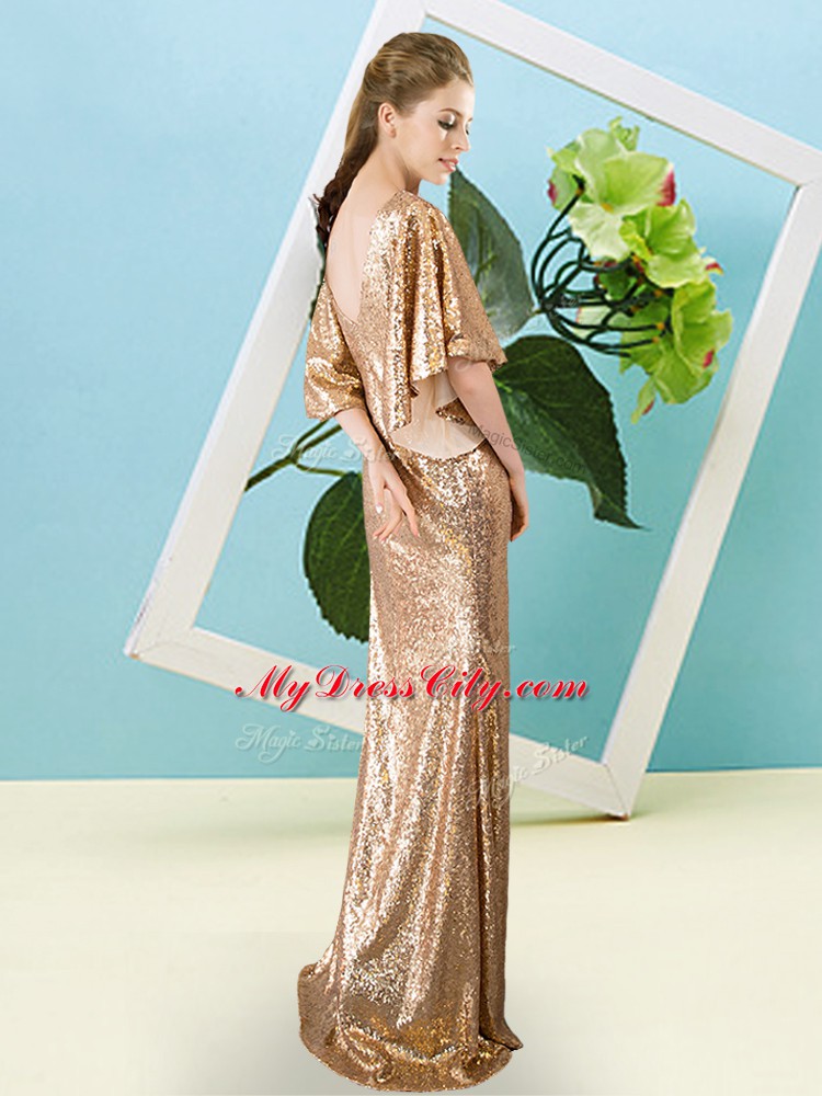 Gold Mermaid Sequined V-neck Half Sleeves Sequins Floor Length Zipper Dress for Prom