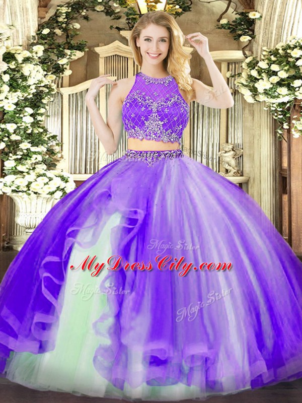 Lavender Organza Zipper Sweet 16 Quinceanera Dress Sleeveless Floor Length Beading and Ruffles