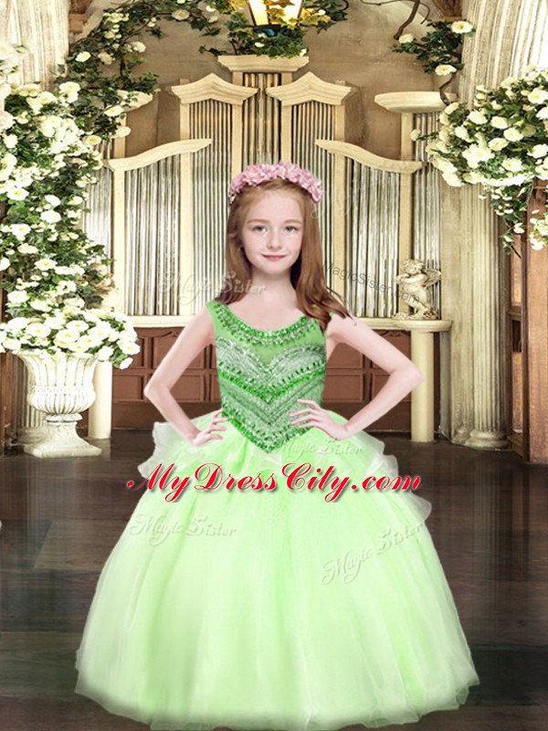 Sleeveless Organza Floor Length Lace Up Kids Pageant Dress in Apple Green with Beading