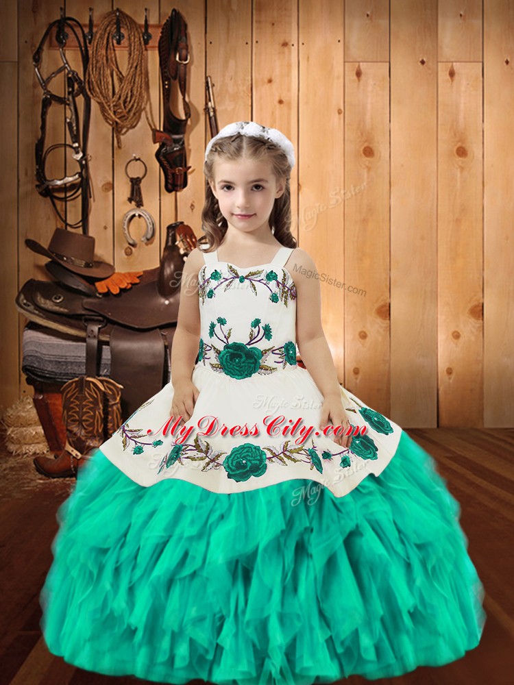 Aqua Blue Lace Up Child Pageant Dress Embroidery and Ruffles Sleeveless Floor Length