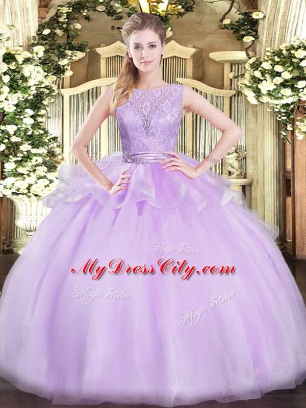 Sleeveless Organza Floor Length Backless 15 Quinceanera Dress in Lavender with Lace