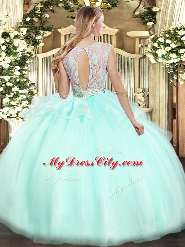 Sleeveless Organza Floor Length Backless 15 Quinceanera Dress in Lavender with Lace