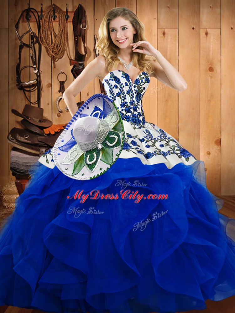 Pretty Blue Ball Gowns Embroidery and Ruffles Quince Ball Gowns Lace Up Satin and Organza Sleeveless Floor Length