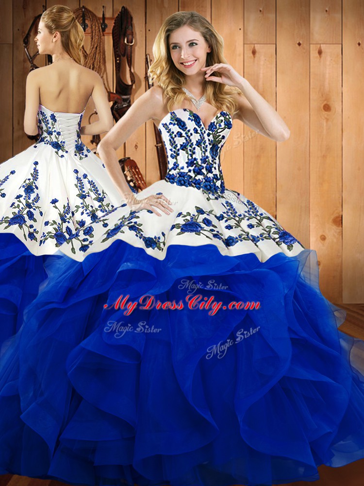 Pretty Blue Ball Gowns Embroidery and Ruffles Quince Ball Gowns Lace Up Satin and Organza Sleeveless Floor Length