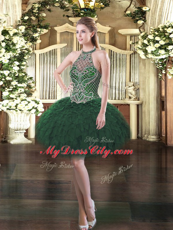 Dynamic Dark Green Halter Top Neckline Beading and Ruffles Homecoming Dress Sleeveless Lace Up