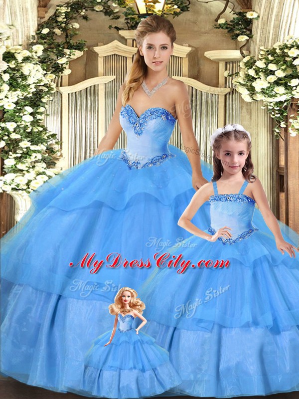 High Class Baby Blue Lace Up Sweetheart Beading and Ruffled Layers Quince Ball Gowns Organza Sleeveless