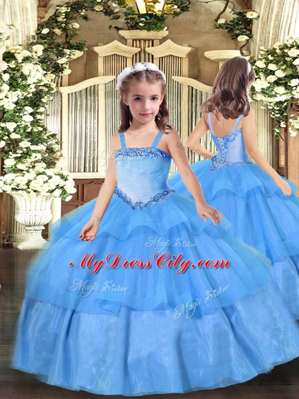 High Class Baby Blue Lace Up Sweetheart Beading and Ruffled Layers Quince Ball Gowns Organza Sleeveless