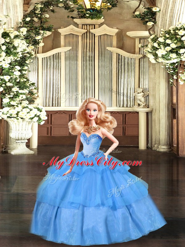 High Class Baby Blue Lace Up Sweetheart Beading and Ruffled Layers Quince Ball Gowns Organza Sleeveless