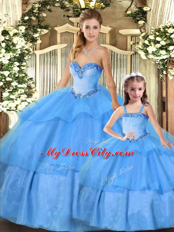 High Class Baby Blue Lace Up Sweetheart Beading and Ruffled Layers Quince Ball Gowns Organza Sleeveless