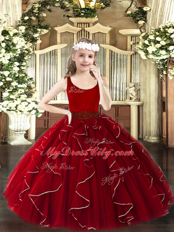 Hot Sale Wine Red Sleeveless Organza Zipper Pageant Gowns For Girls for Party and Quinceanera