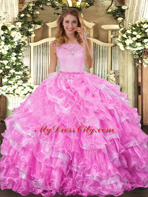 Rose Pink Ball Gowns Scoop Sleeveless Organza Floor Length Clasp Handle Lace and Ruffled Layers 15th Birthday Dress