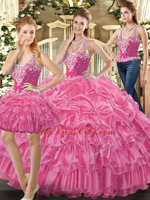 Nice Hot Pink Sweet 16 Dresses Military Ball and Sweet 16 and Quinceanera with Beading and Ruffles and Pick Ups Straps Sleeveless Lace Up