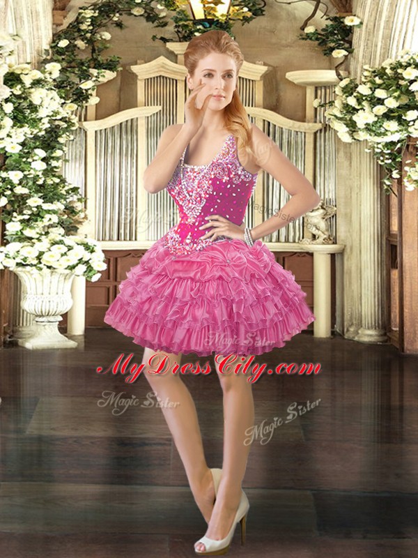 Nice Hot Pink Sweet 16 Dresses Military Ball and Sweet 16 and Quinceanera with Beading and Ruffles and Pick Ups Straps Sleeveless Lace Up