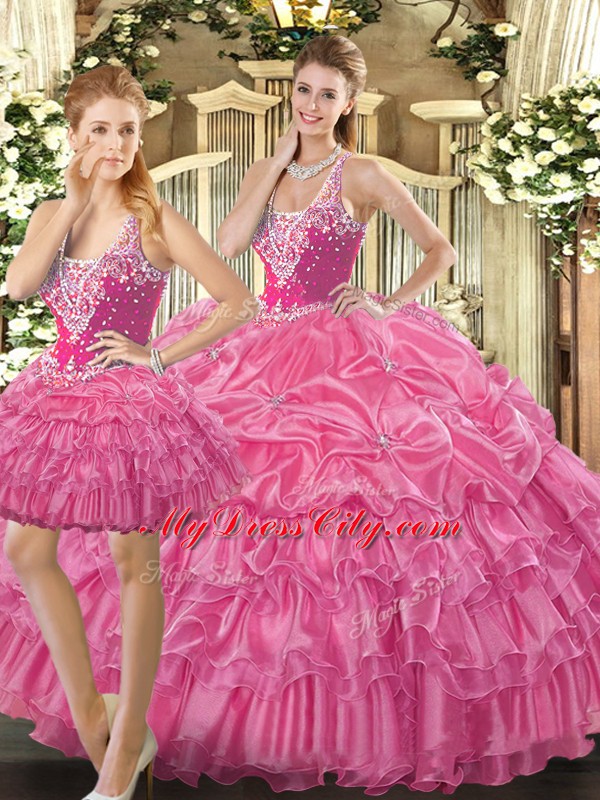 Nice Hot Pink Sweet 16 Dresses Military Ball and Sweet 16 and Quinceanera with Beading and Ruffles and Pick Ups Straps Sleeveless Lace Up