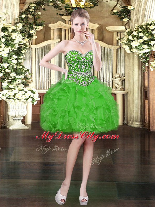 Green Organza Lace Up Sweetheart Sleeveless Mini Length Prom Party Dress Beading and Ruffles