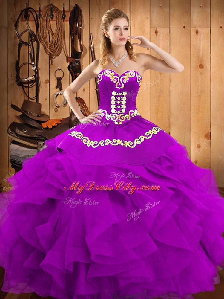 Eggplant Purple Sweet 16 Quinceanera Dress Military Ball and Sweet 16 and Quinceanera with Embroidery and Ruffles Sweetheart Sleeveless Lace Up