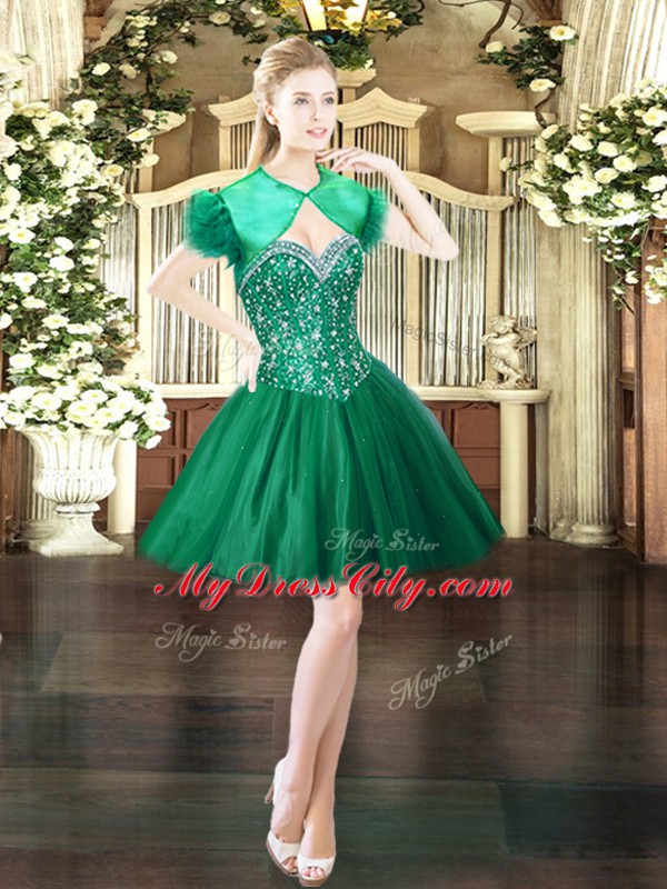 Elegant Dark Green Sleeveless Mini Length Beading Lace Up Prom Evening Gown