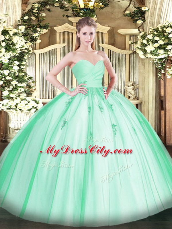 Custom Designed Ball Gowns Quince Ball Gowns Apple Green Sweetheart Tulle Sleeveless Floor Length Lace Up