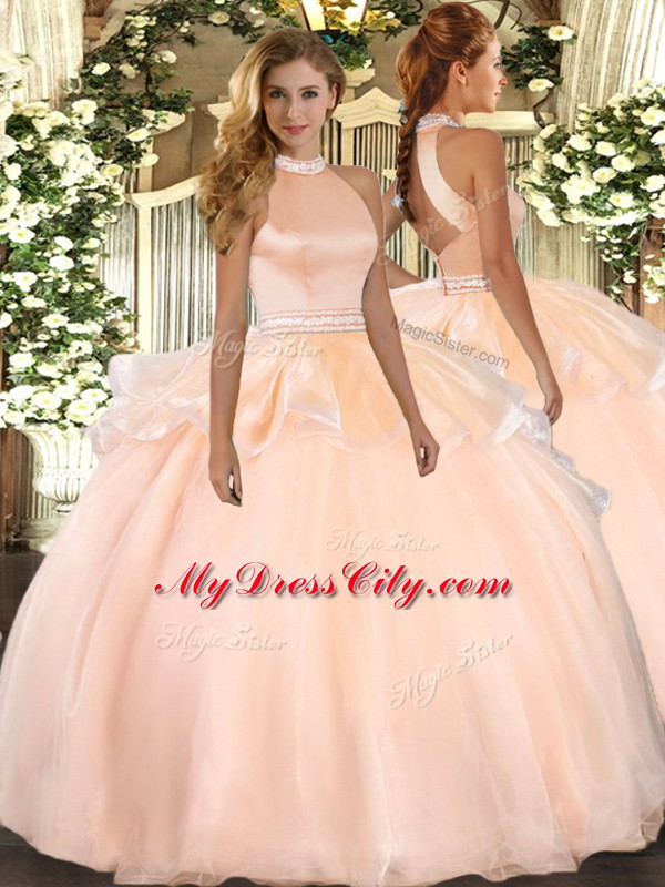 Noble Peach Sleeveless Tulle Backless Quinceanera Gown for Military Ball and Sweet 16 and Quinceanera