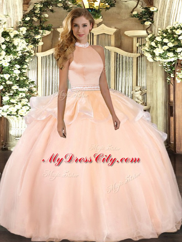 Noble Peach Sleeveless Tulle Backless Quinceanera Gown for Military Ball and Sweet 16 and Quinceanera