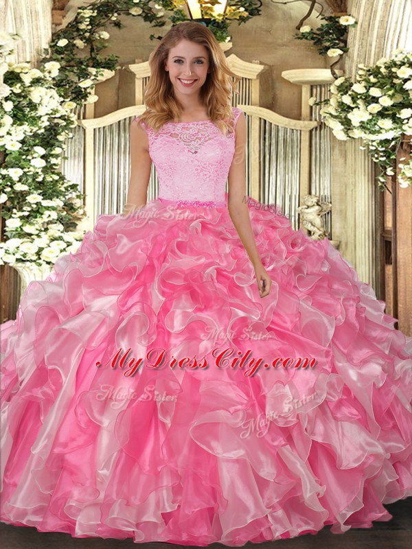 Designer Hot Pink Sleeveless Floor Length Lace and Ruffles Clasp Handle Vestidos de Quinceanera