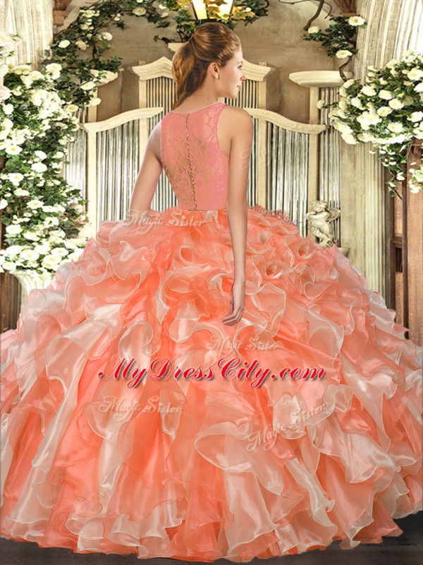 Designer Hot Pink Sleeveless Floor Length Lace and Ruffles Clasp Handle Vestidos de Quinceanera