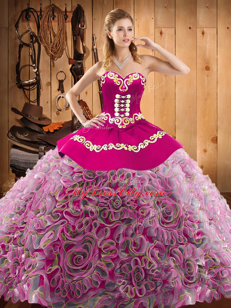 Spectacular Embroidery Sweet 16 Quinceanera Dress Multi-color Lace Up Sleeveless With Train Sweep Train