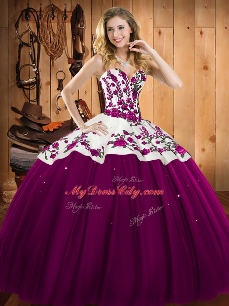 Extravagant Fuchsia Ball Gowns Sweetheart Sleeveless Satin and Tulle Floor Length Lace Up Embroidery Quinceanera Gown