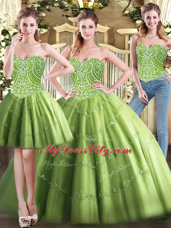 Olive Green Sweetheart Neckline Beading Quinceanera Dresses Sleeveless Lace Up