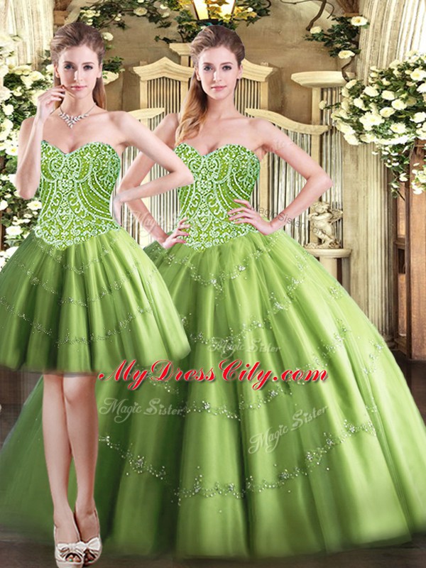 Olive Green Sweetheart Neckline Beading Quinceanera Dresses Sleeveless Lace Up