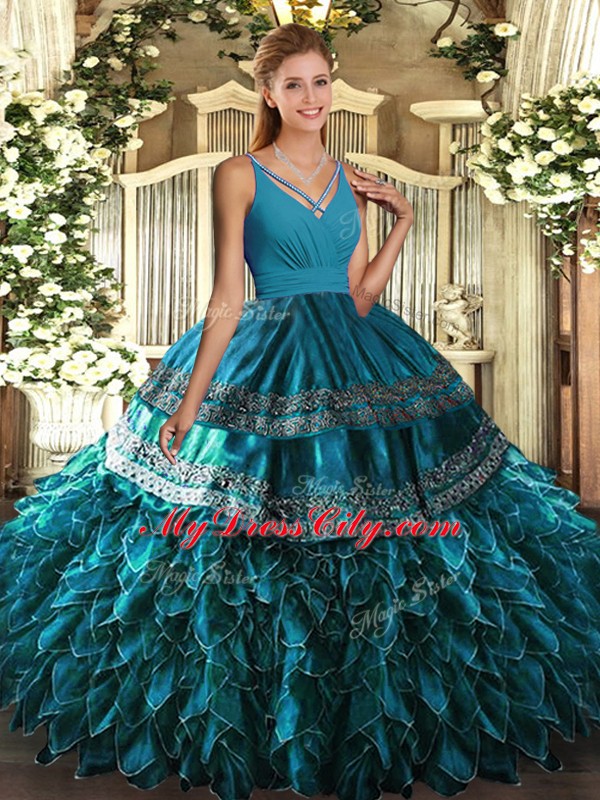 Blue Ball Gowns Ruffles Sweet 16 Dresses Backless Organza Sleeveless Floor Length