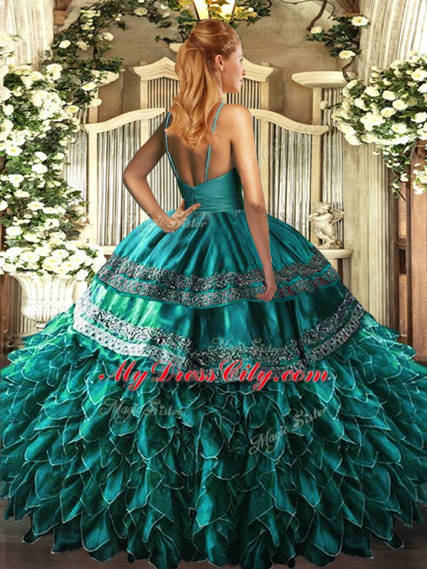 Blue Ball Gowns Ruffles Sweet 16 Dresses Backless Organza Sleeveless Floor Length