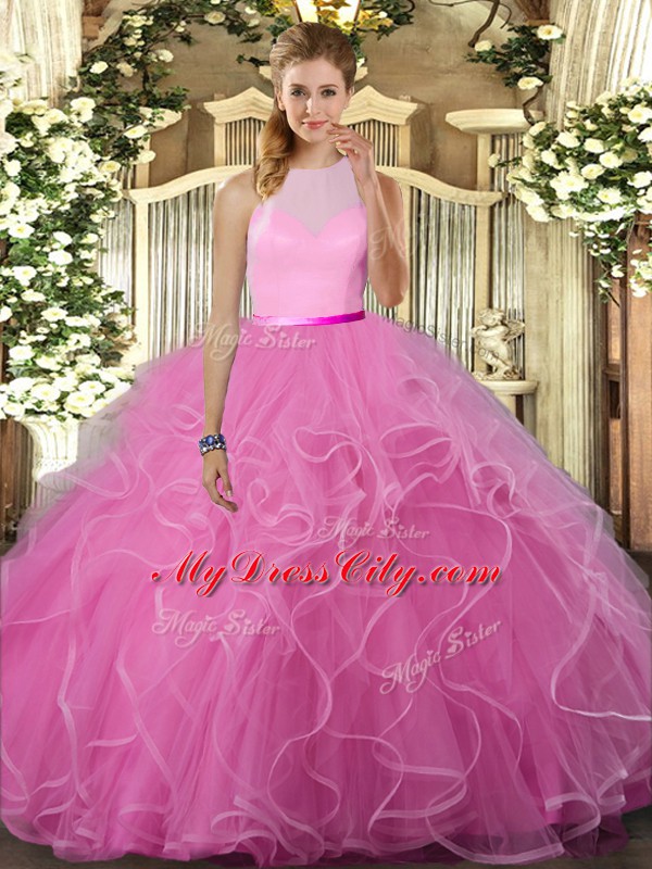 High-neck Sleeveless 15th Birthday Dress Floor Length Ruffles Rose Pink Tulle