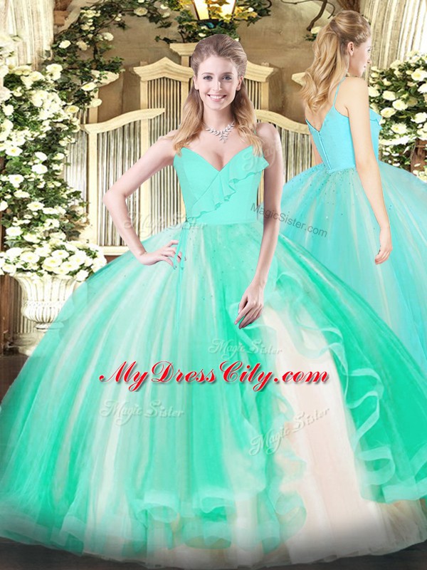 Trendy Turquoise Sleeveless Ruffles Floor Length Quinceanera Dress