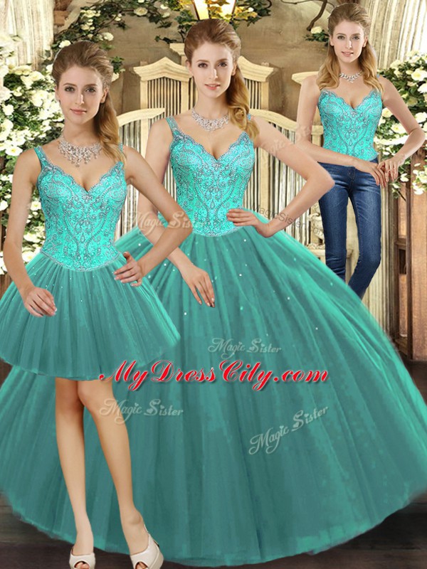 Turquoise Ball Gowns Tulle Straps Sleeveless Beading Floor Length Lace Up Quince Ball Gowns